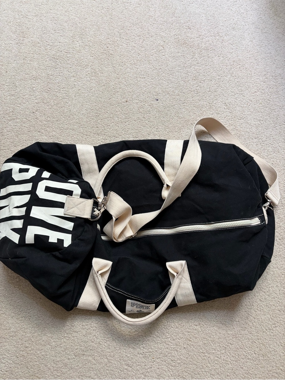 Victoria's Secret VS LOVE PINK Duffle Sport Gym Canvas Bag Black White Logo